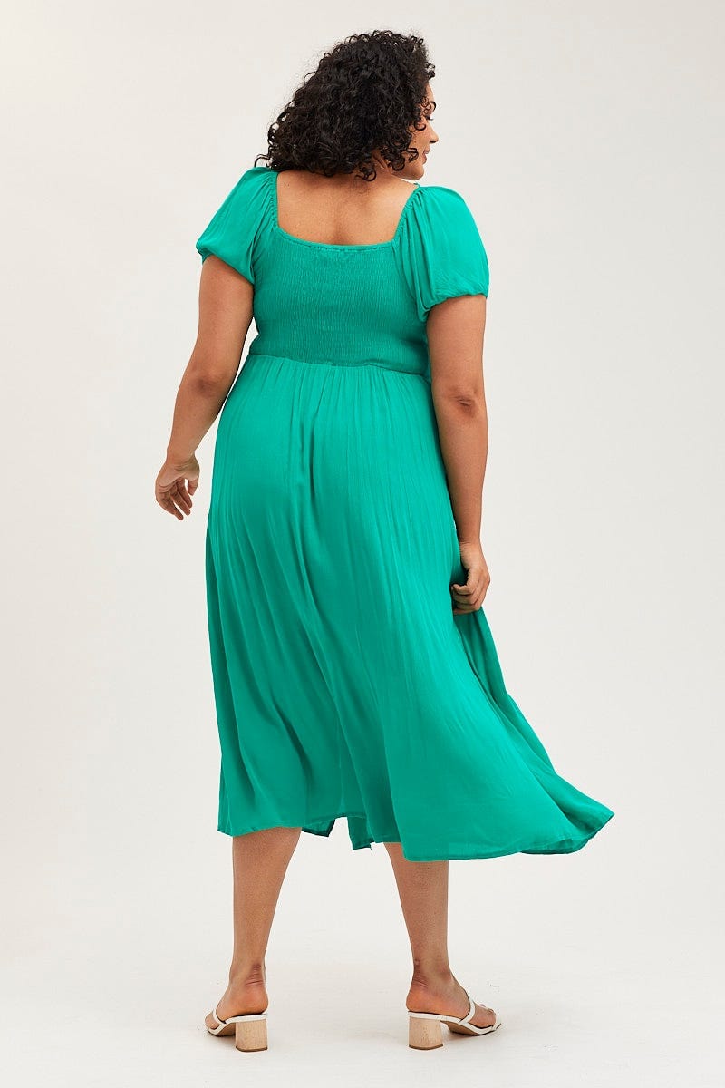 Green Maxi Dress Scoop Neck Short Sleeve Front Split For Women By You And All