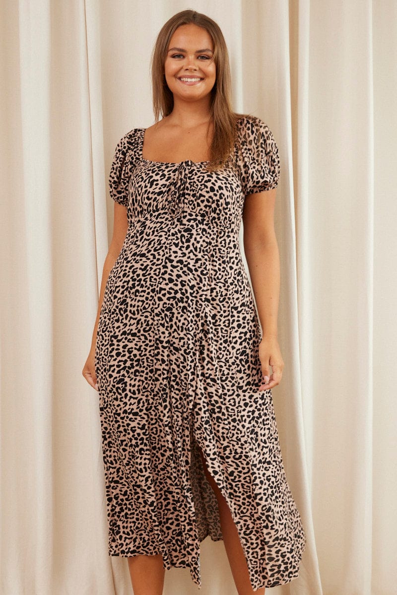 Animal Print Maxi Dress Scoop Neck Short Sleeve for YouandAll Fashion