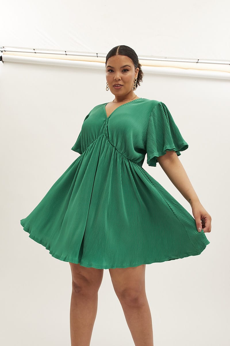 Green Mini Dress V Neck Short Sleeve Plisse for YouandAll Fashion