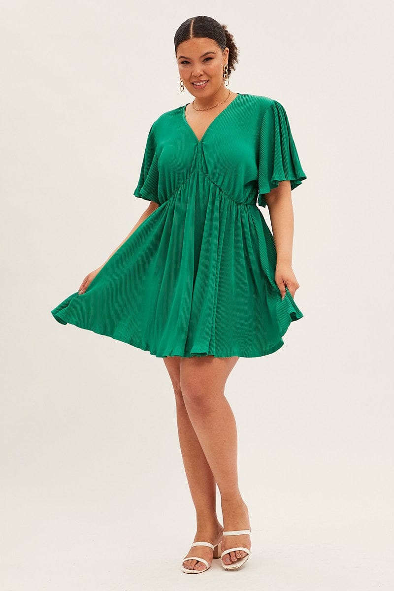 Green Mini Dress V Neck Short Sleeve Plisse for YouandAll Fashion