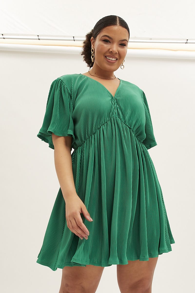 Green Mini Dress V Neck Short Sleeve Plisse for YouandAll Fashion