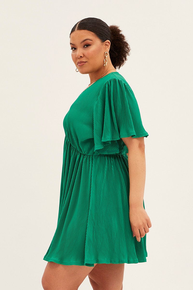 Green Mini Dress V Neck Short Sleeve Plisse for YouandAll Fashion