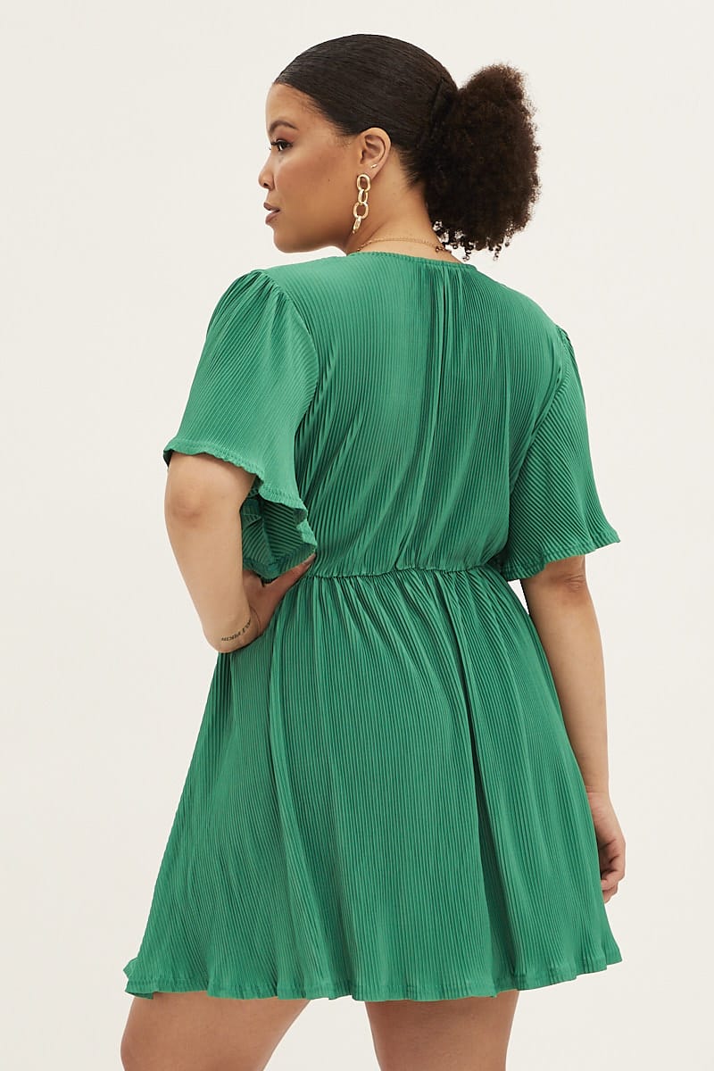 Green Mini Dress V Neck Short Sleeve Plisse for YouandAll Fashion