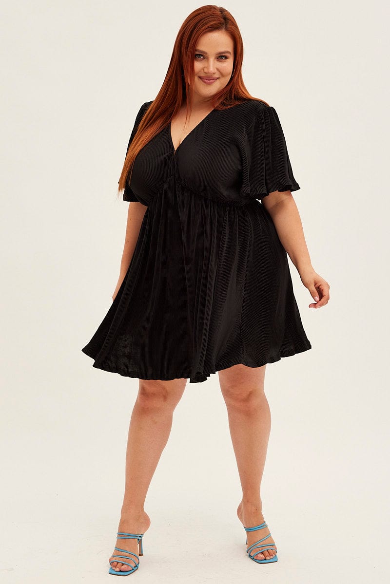 Black Mini Dress V Neck Short Sleeve Plisse for YouandAll Fashion