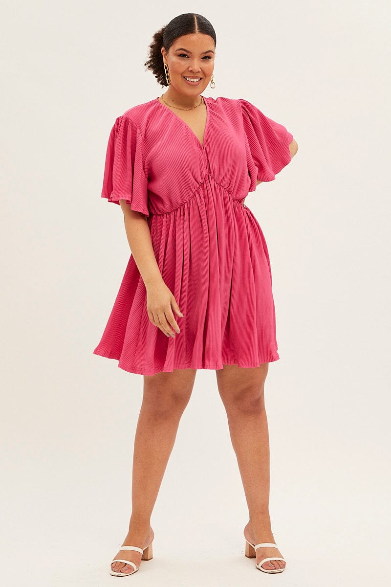 Pink Mini Dress V Neck Short Sleeve Plisse for YouandAll Fashion