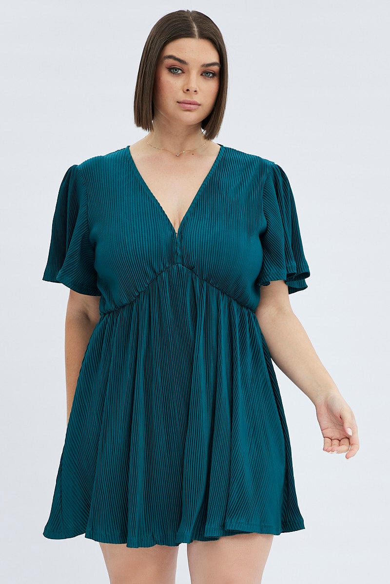 Green Mini Dress V Neck Short Sleeve Plisse for YouandAll Fashion