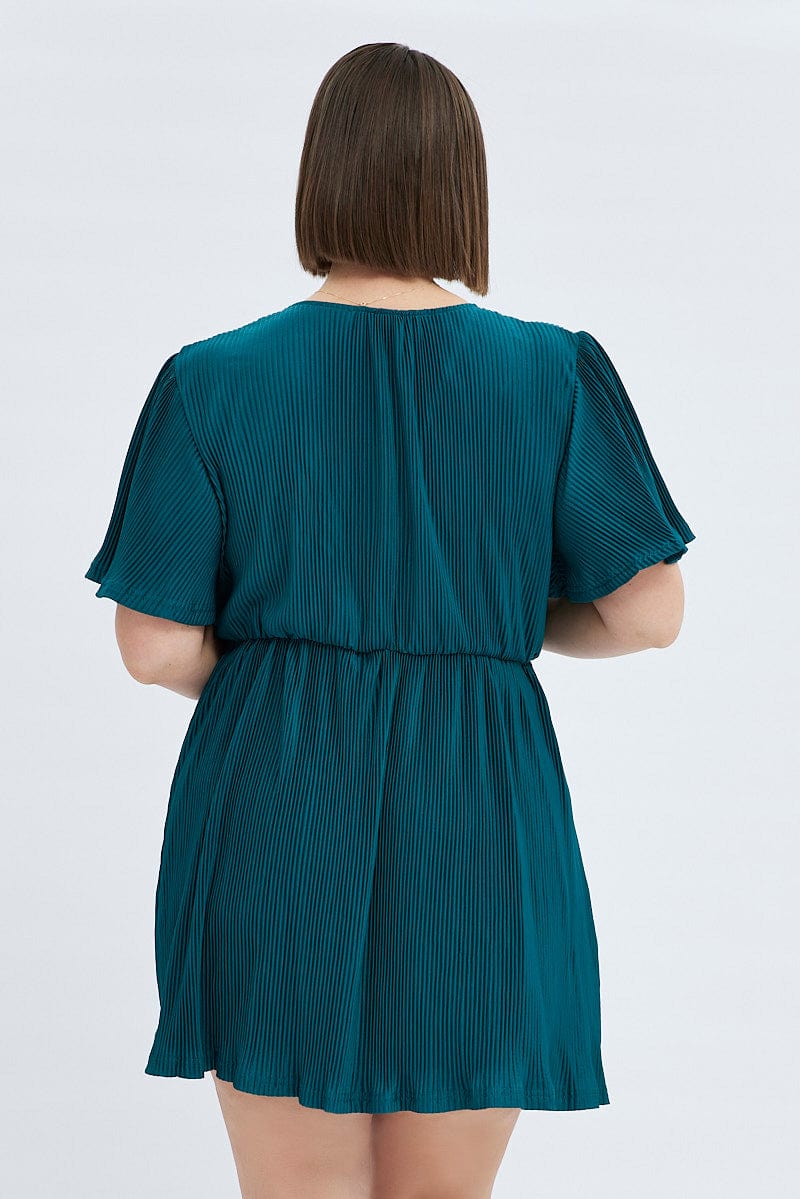 Green Mini Dress V Neck Short Sleeve Plisse for YouandAll Fashion