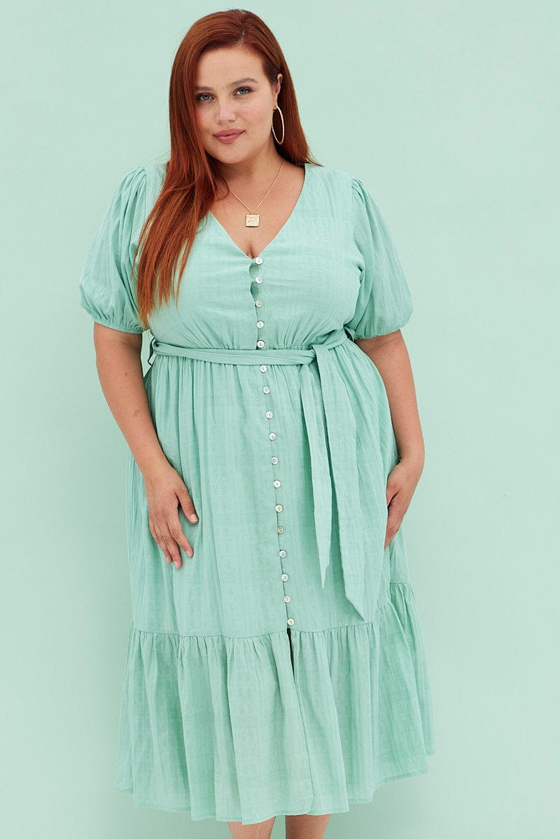 Plus Size Green Sage Short Sleeve Textured Button Midi Dress