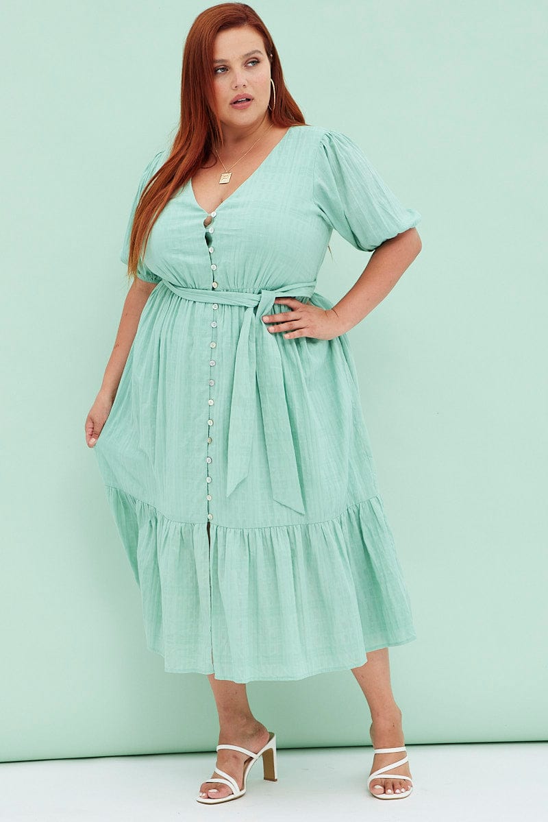 Plus Size Green Sage Short Sleeve Textured Button Midi Dress |You + All | Shop Online | You & All Plus Size Green Sage Short Sleeve Textured Button Midi Dress |You + All | Shop Online | You & All