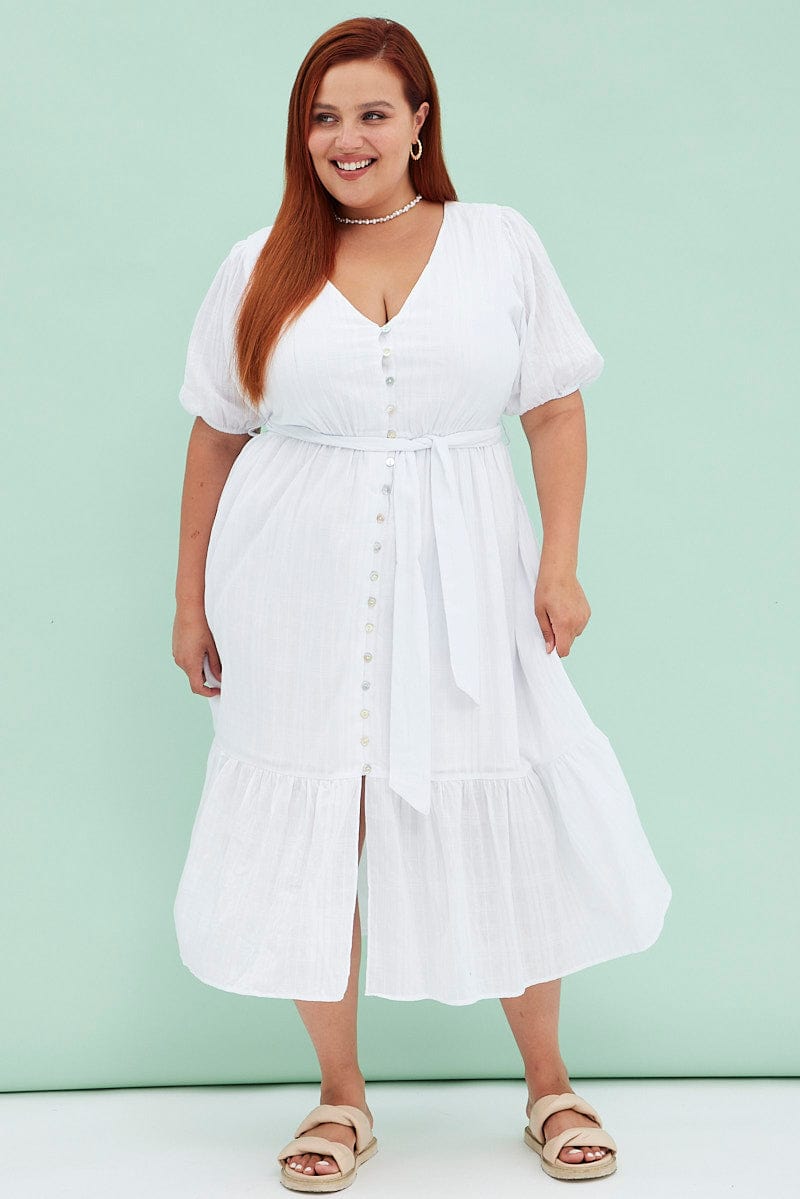 White Short Sleeve Textured Button Midi Dress for YouandAll Fashion
