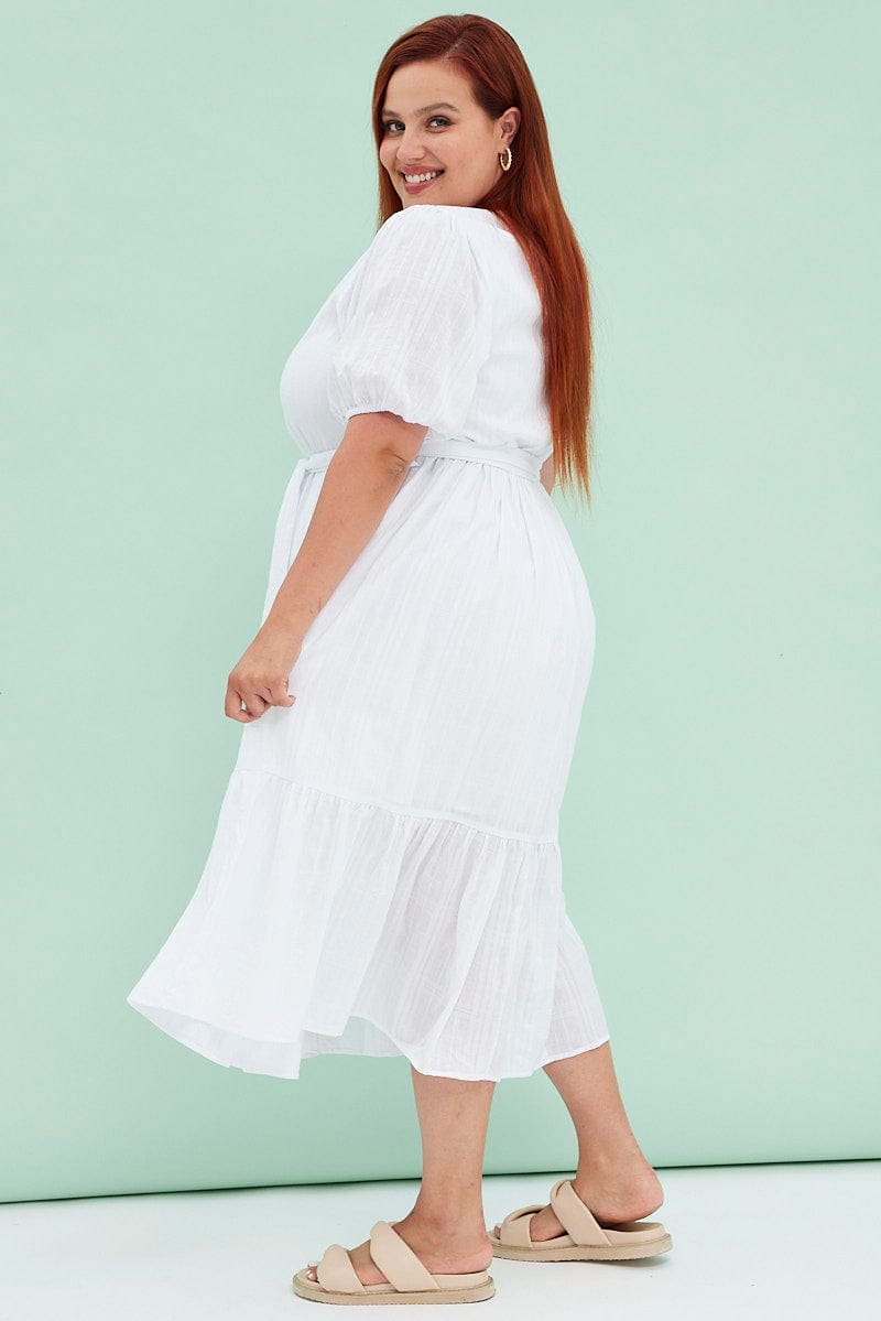 White Short Sleeve Textured Button Midi Dress for YouandAll Fashion