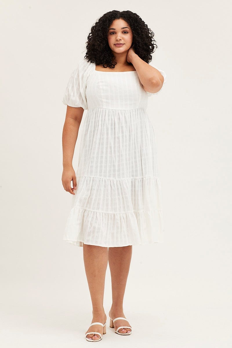 White Midi Dress Square Neck Short Sleeve For Women By You And All