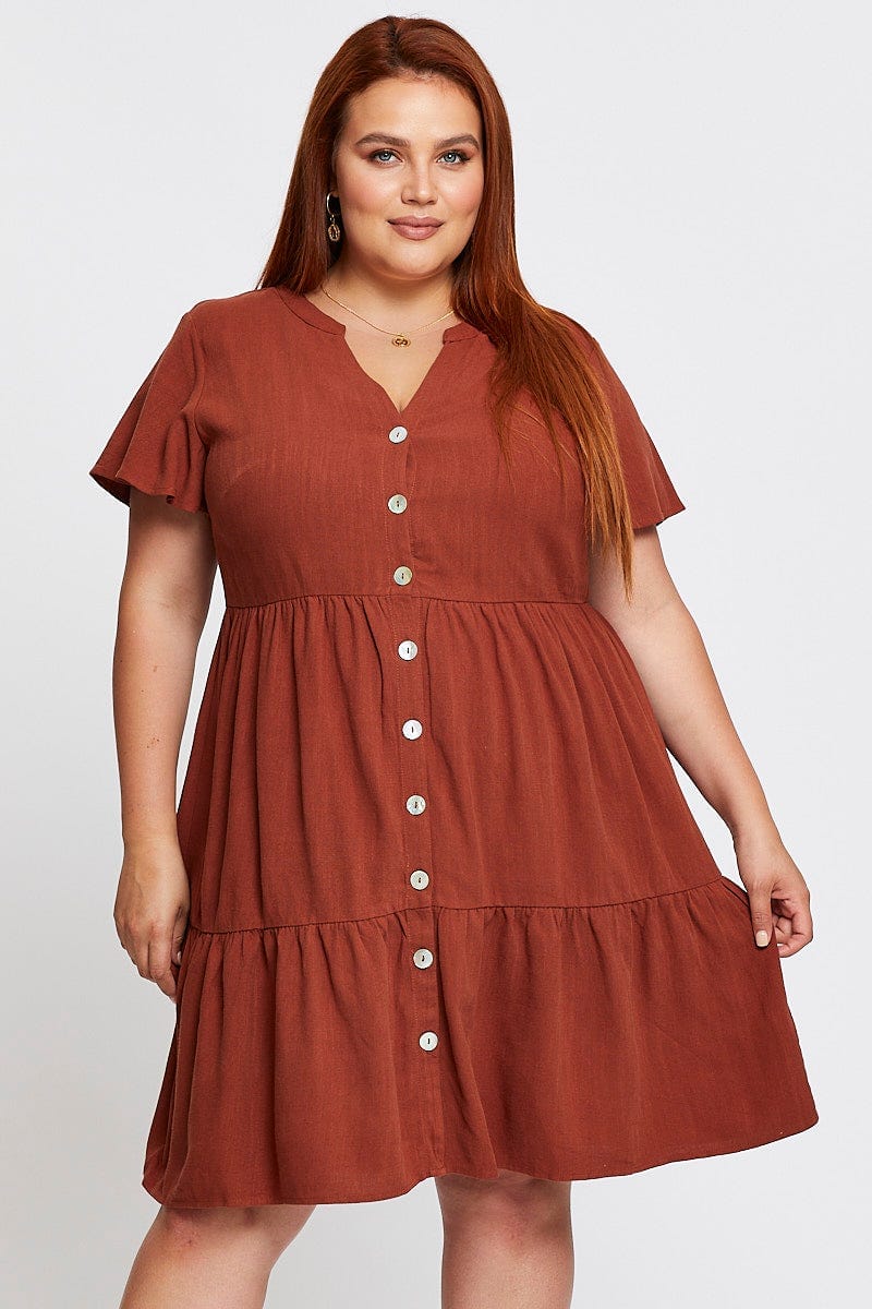Rust Skater Dress V-Neck Short Sleeve Button For Women By You And All