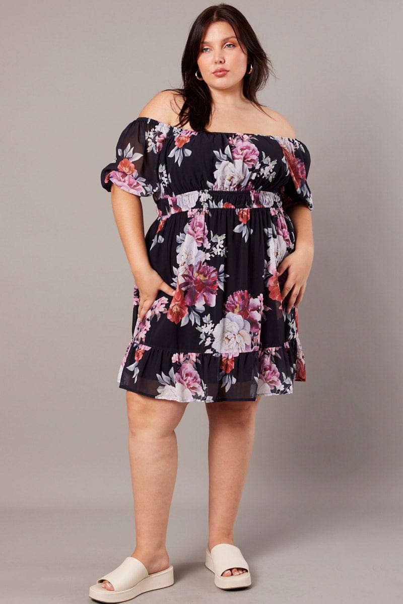Black Floral Puff Sleeve Minidress Elastic Waist Detail for YouandAll Fashion