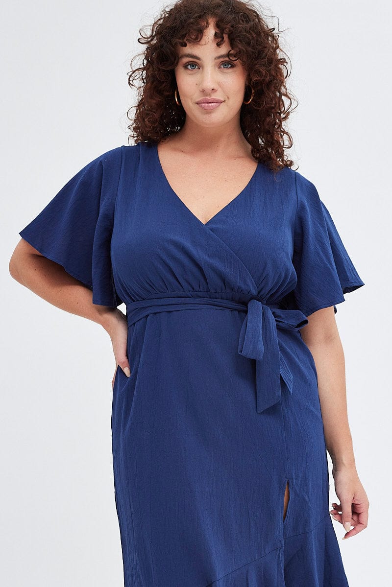 Blue Midi Dress Short Sleeve Faux Wrap for YouandAll Fashion