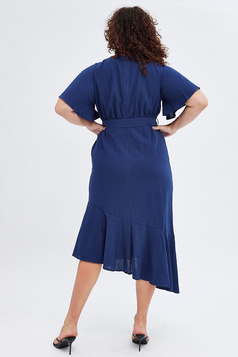 Blue Midi Dress Short Sleeve Faux Wrap for YouandAll Fashion