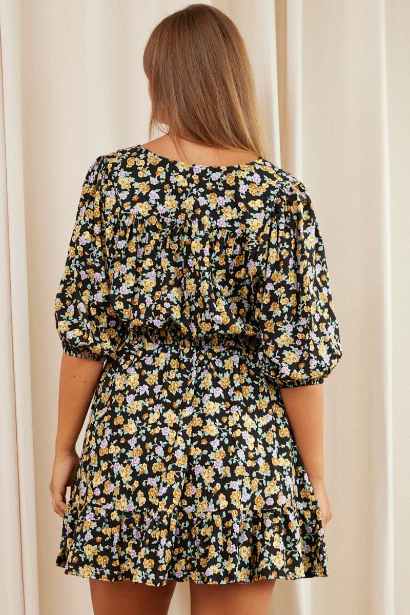 Floral Print Skater Dress V-Neck Long Sleeve for YouandAll Fashion