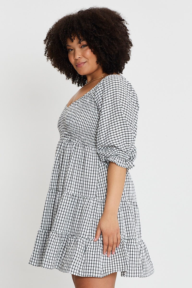 Multi Skater Dress Mini Check Puff Sleeve For Women By You And All