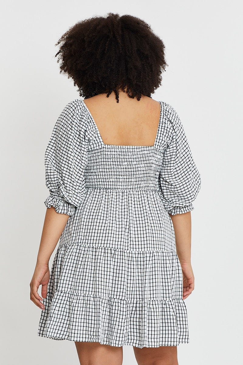 Multi Skater Dress Mini Check Puff Sleeve For Women By You And All