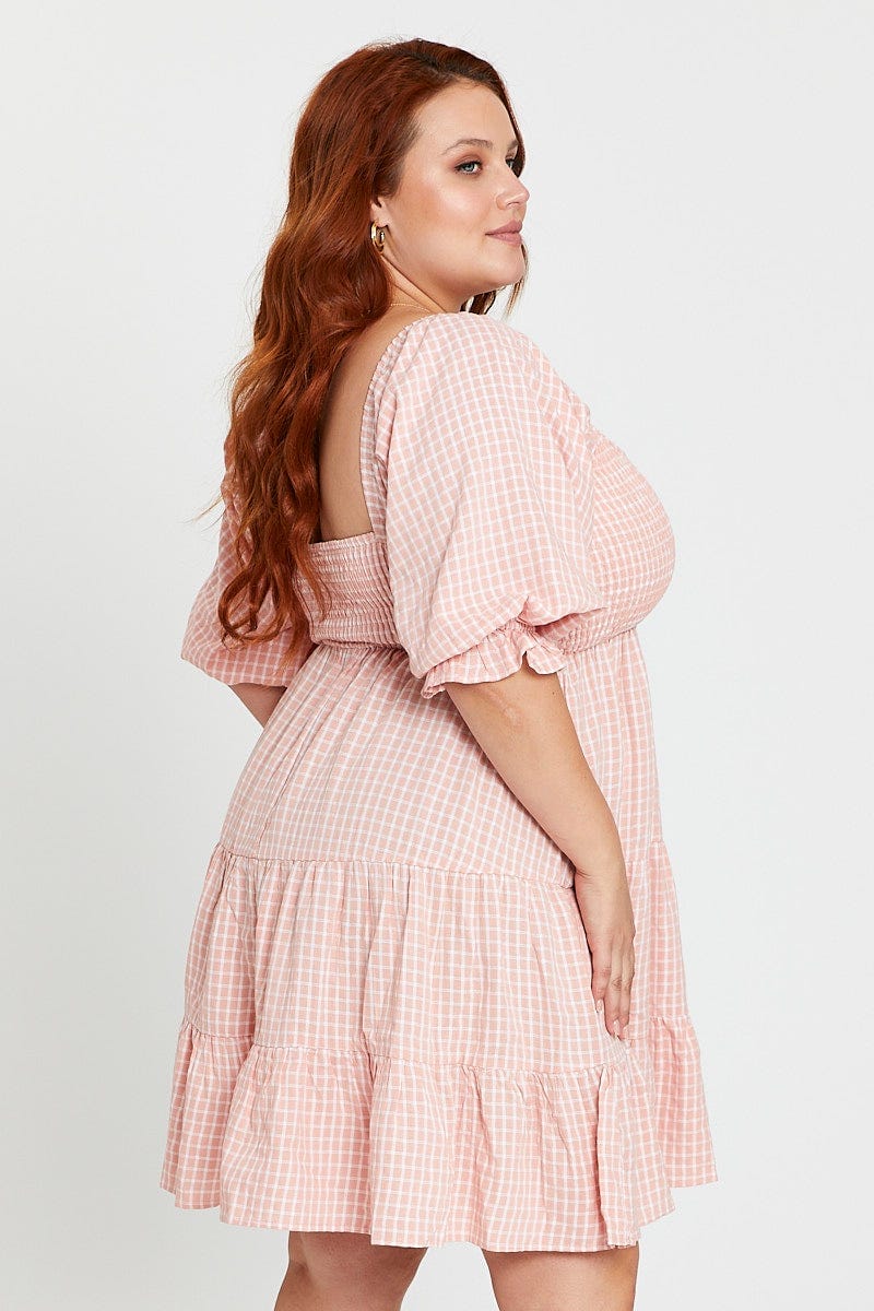 Check Short Sleeve Shirred Bust Pink Check Dress For Women By You And All