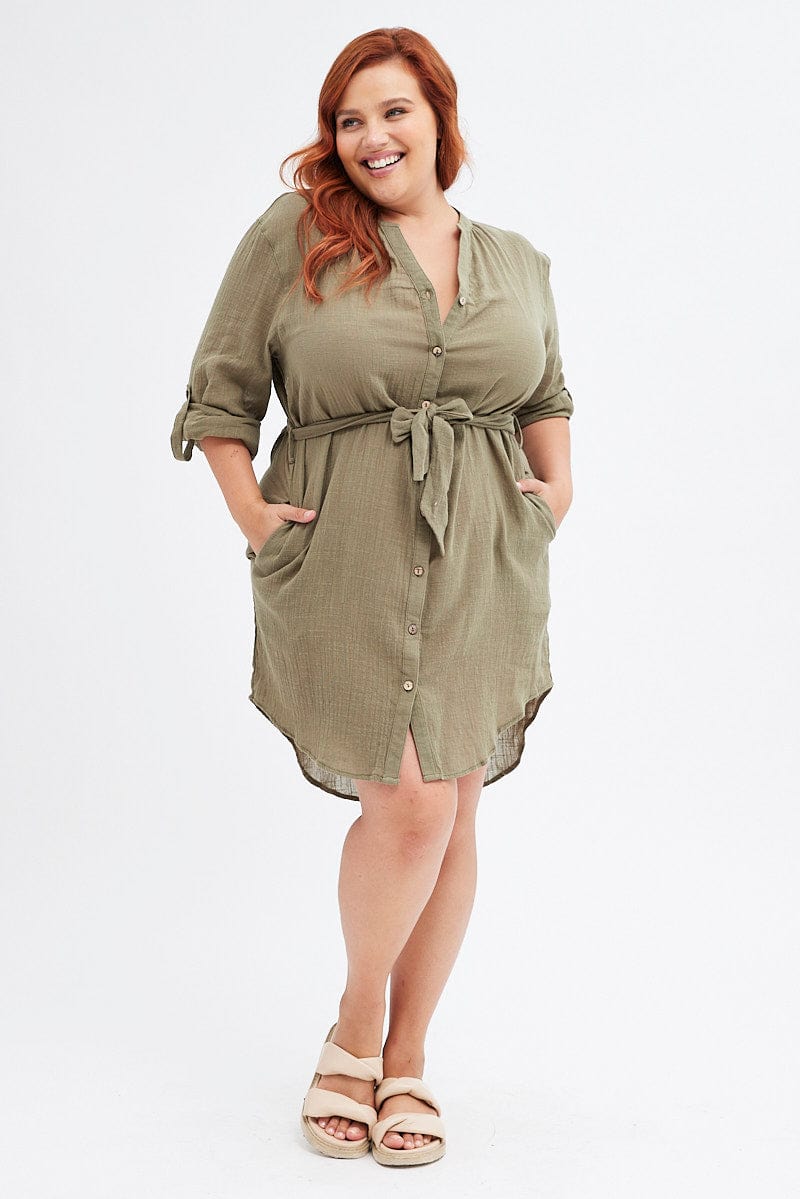 Green Cotton Shirtdress Long Tab Sleeve Textured for YouandAll Fashion