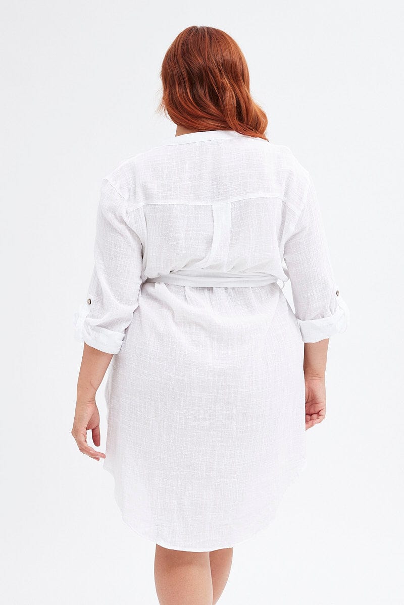 White Cotton Shirtdress Long Tab Sleeve Textured for YouandAll Fashion