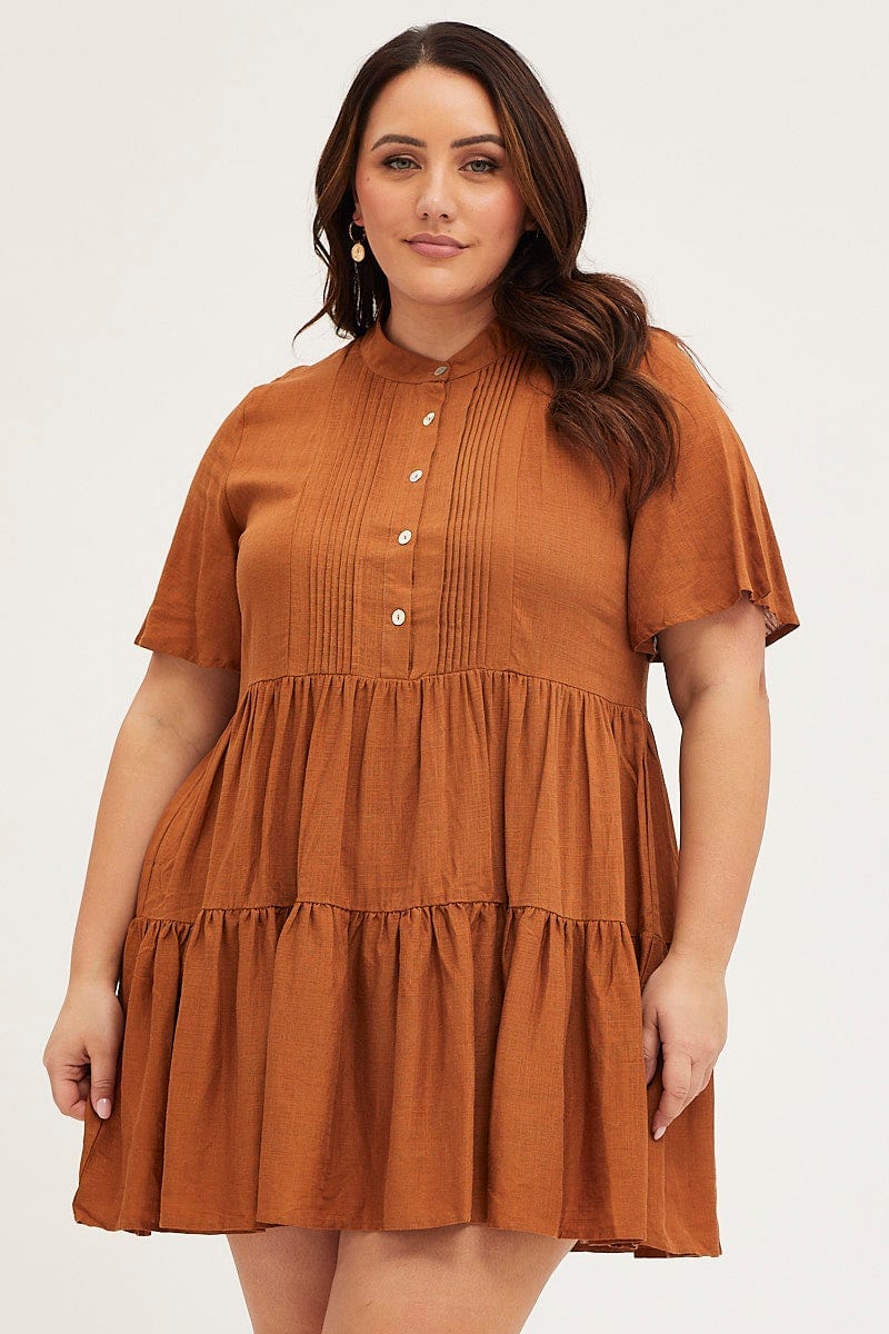 Rust Skater Dress V-Neck Three-Quarter Sleeve Button For Women By You And All