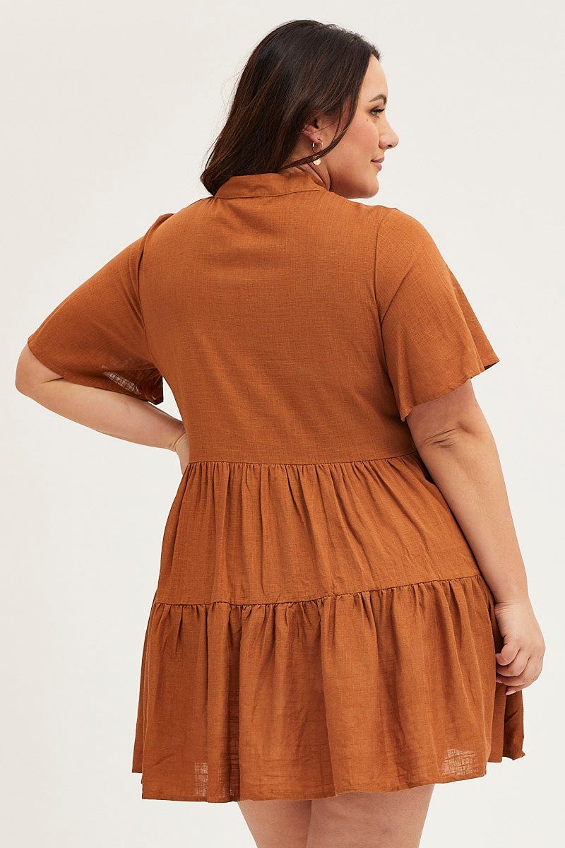 Rust Skater Dress V-Neck Three-Quarter Sleeve Button For Women By You And All