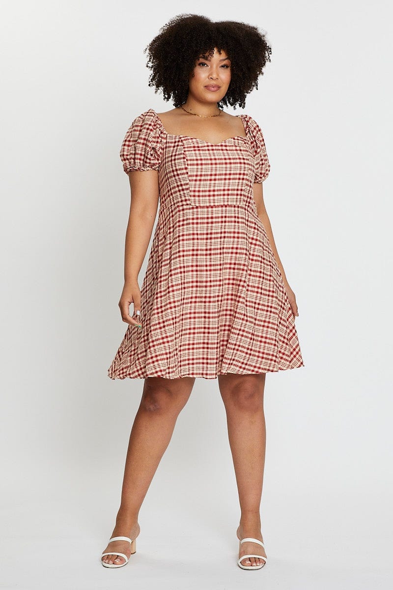 Check Short Bubble Sleeve Check Skater Dress For Women By You And All
