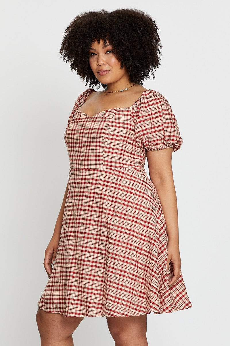 Check Short Bubble Sleeve Check Skater Dress For Women By You And All