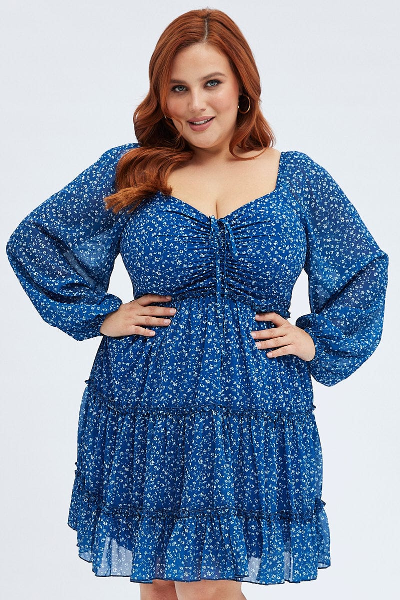 Blue Ditsy Long Sleeve Gathered Bust Dress for YouandAll Fashion