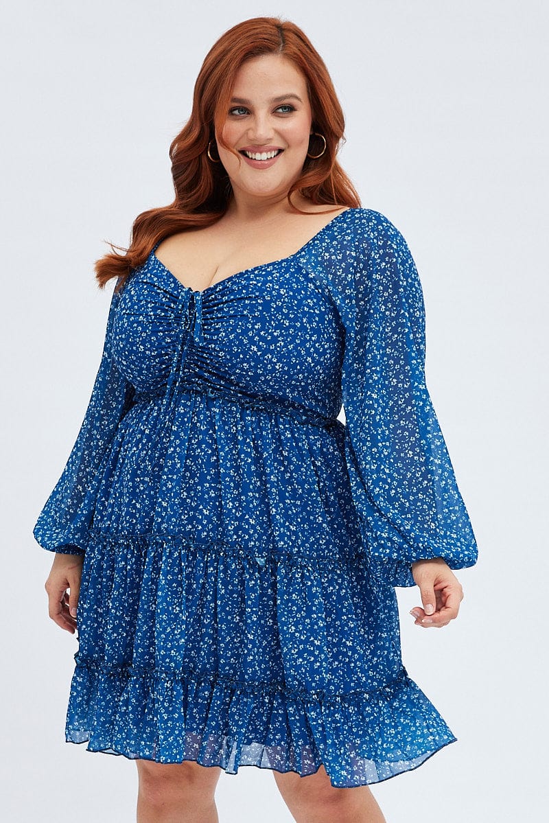 Blue Ditsy Long Sleeve Gathered Bust Dress for YouandAll Fashion