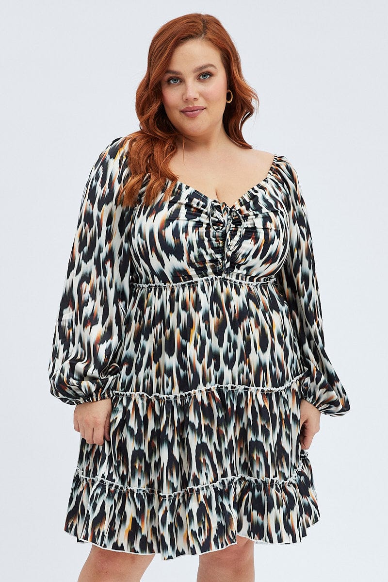 Multi Animal Print Mini Dress Gather Front Abstract Leopard Satin