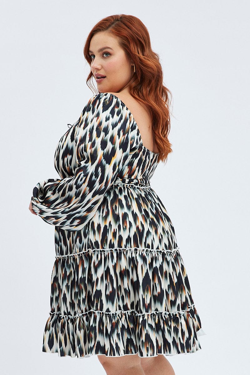 Multi Animal Print Mini Dress Gather Front Abstract Leopard Satin