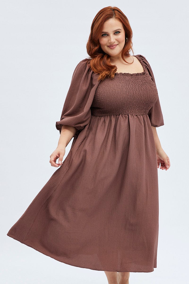 Brown Midi Dress Textured Puff Sleeve Off Shoulder for YouandAll Fashion