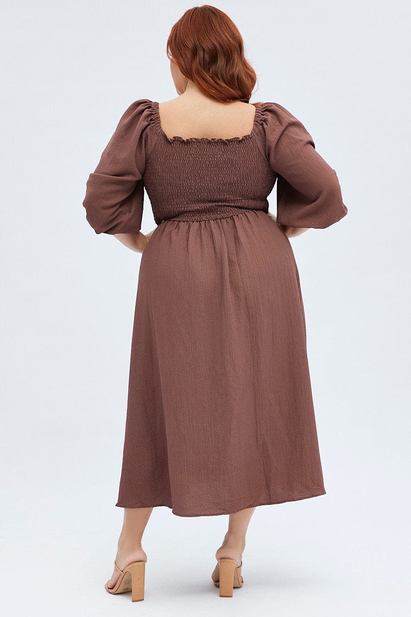 Brown Midi Dress Textured Puff Sleeve Off Shoulder for YouandAll Fashion