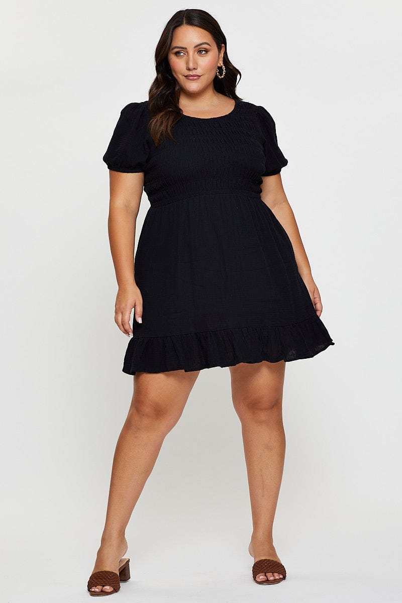 Black Skater Dress Scoop Neck Short Sleeve Ruffle For Women By You And All