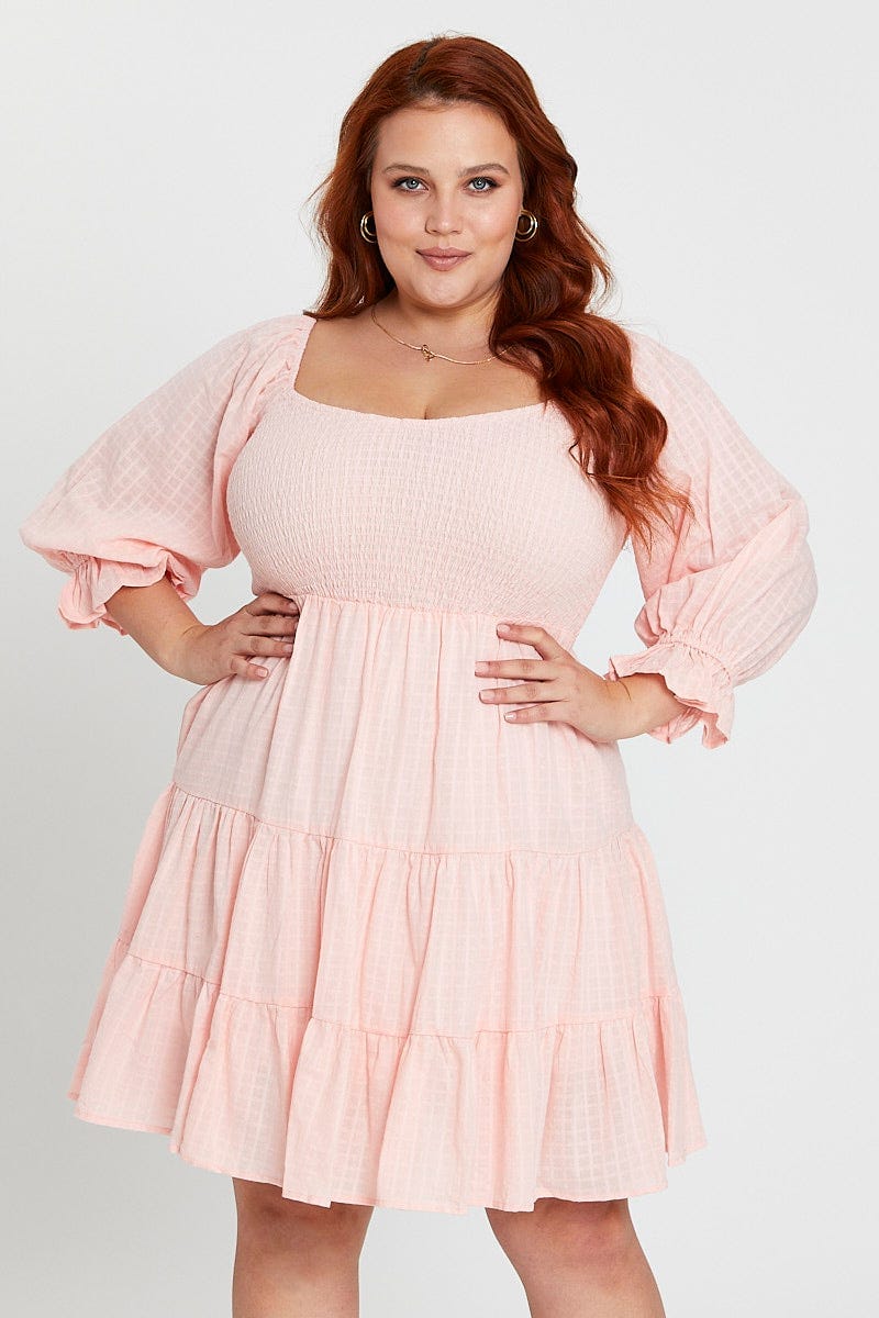 Pink Skater Dress Scoop Neck Long Sleeve Ruffle Hem For Women By You And All