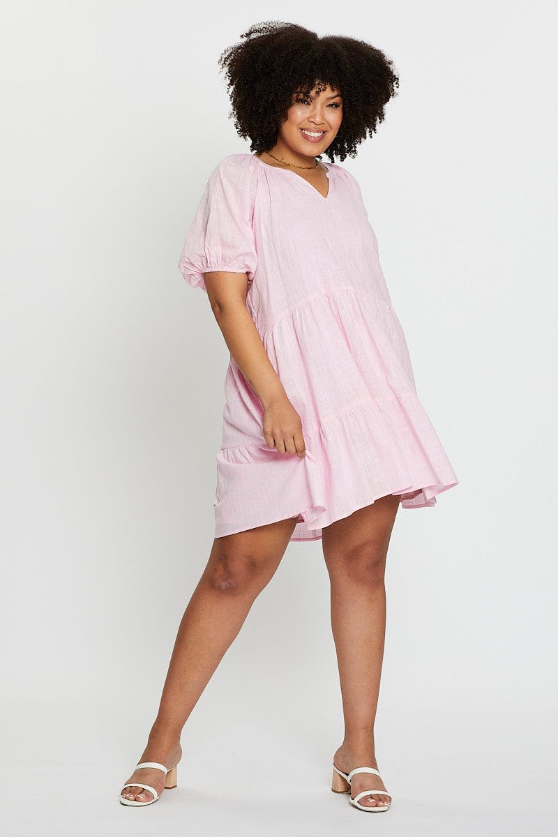 Pink Puff 3/4 Sleeve Textured Cotton Pink Layer Dress For Women By You And All