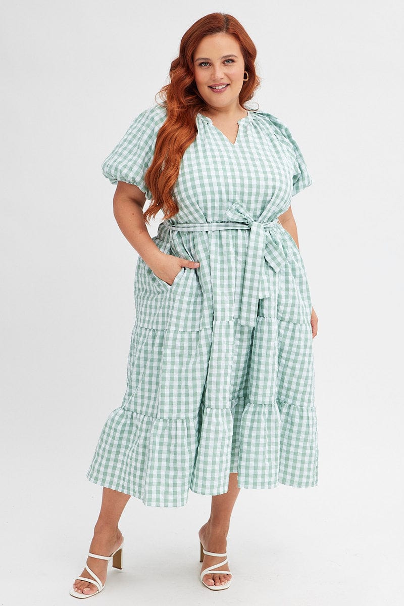 Green Check Midi Dress Gingham Tie Waist Collared for YouandAll Fashion