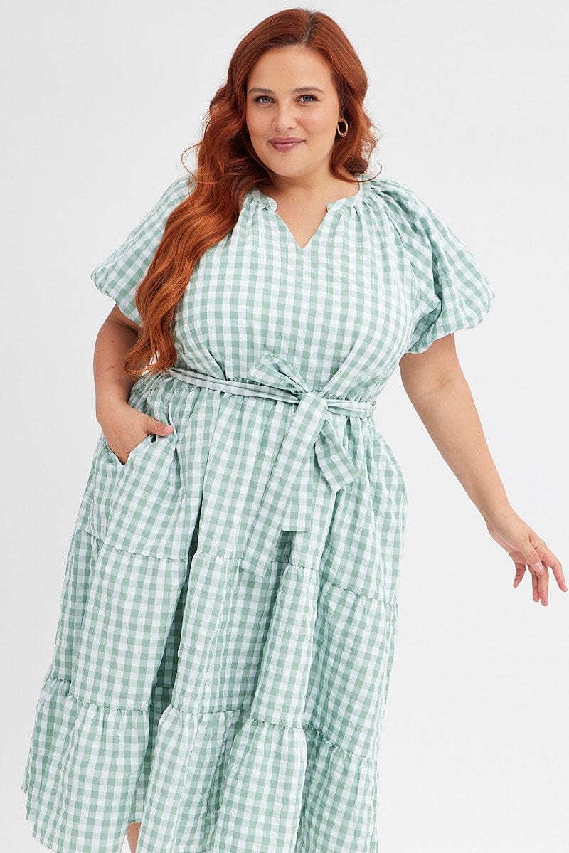 Green Check Midi Dress Gingham Tie Waist Collared for YouandAll Fashion