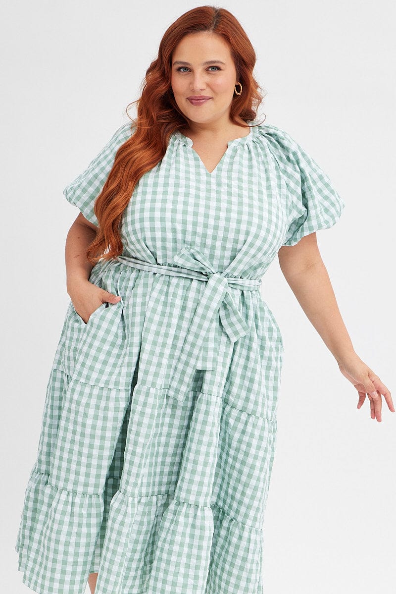Green Check Midi Dress Gingham Tie Waist Collared | You & All Green Check Midi Dress Gingham Tie Waist Collared | You & All