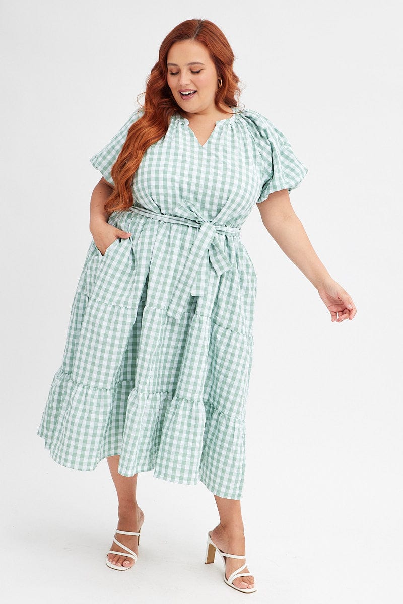 Green Check Midi Dress Gingham Tie Waist Collared for YouandAll Fashion