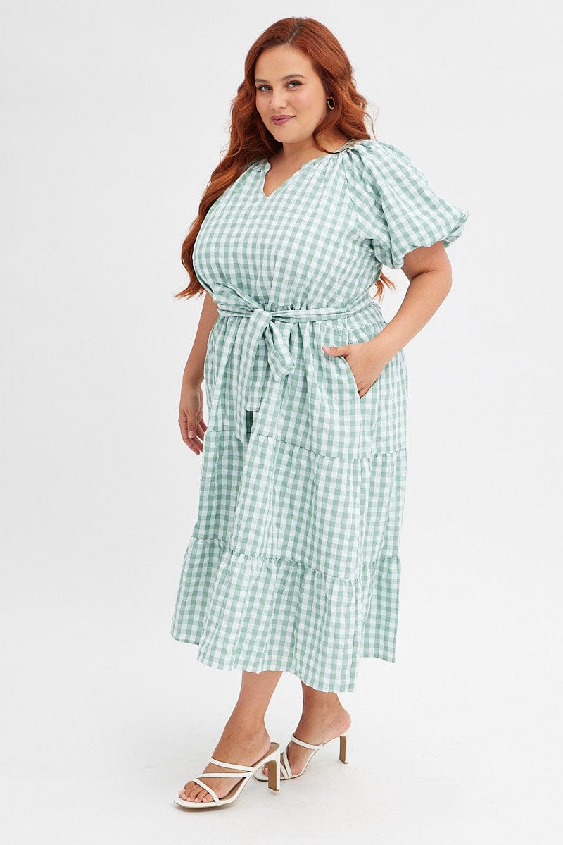 Green Check Midi Dress Gingham Tie Waist Collared for YouandAll Fashion