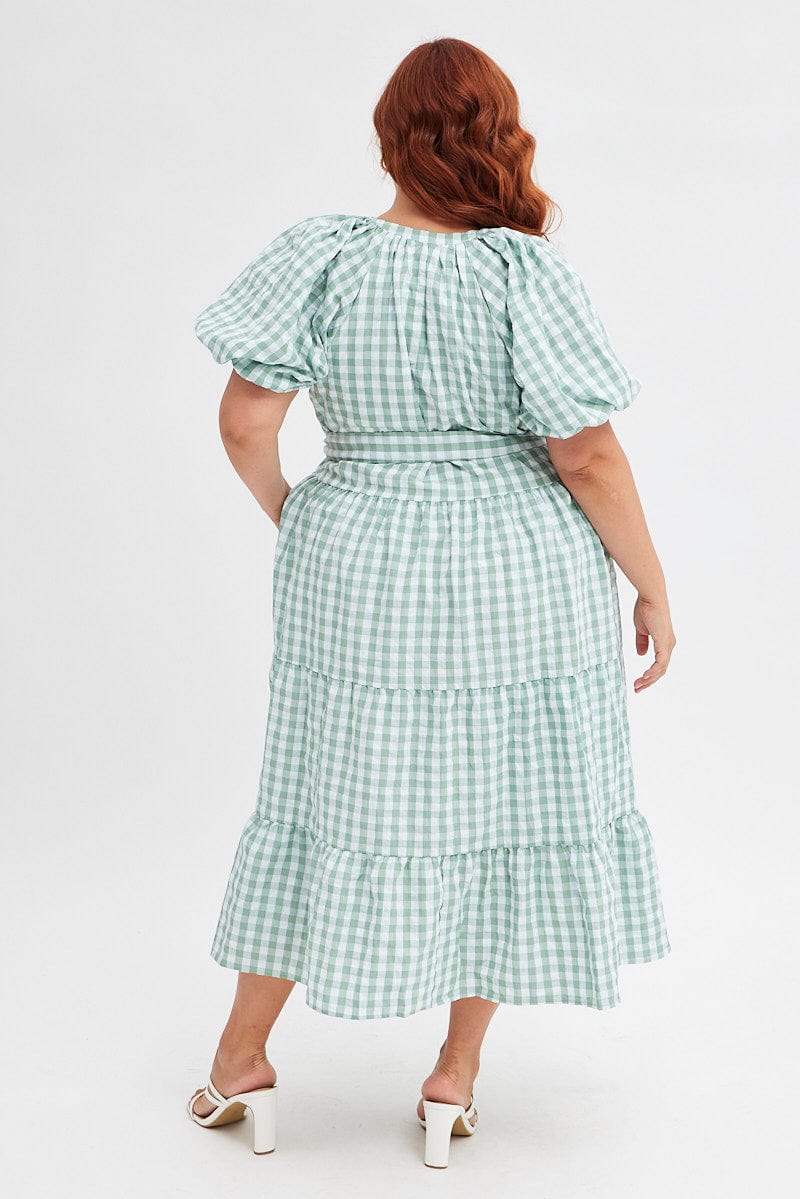 Green Check Midi Dress Gingham Tie Waist Collared for YouandAll Fashion