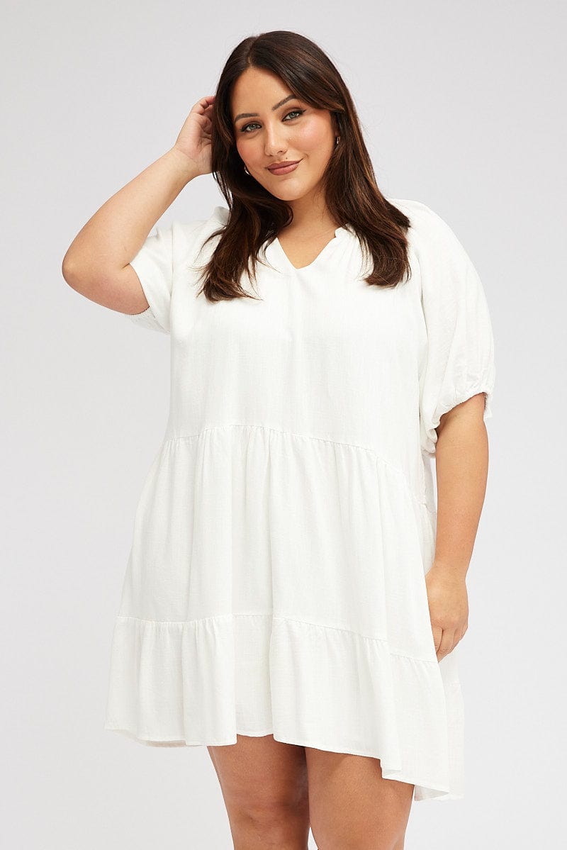 White Swing Dress Mini Half Sleeve V Neck Linen Blend for YouandAll Fashion