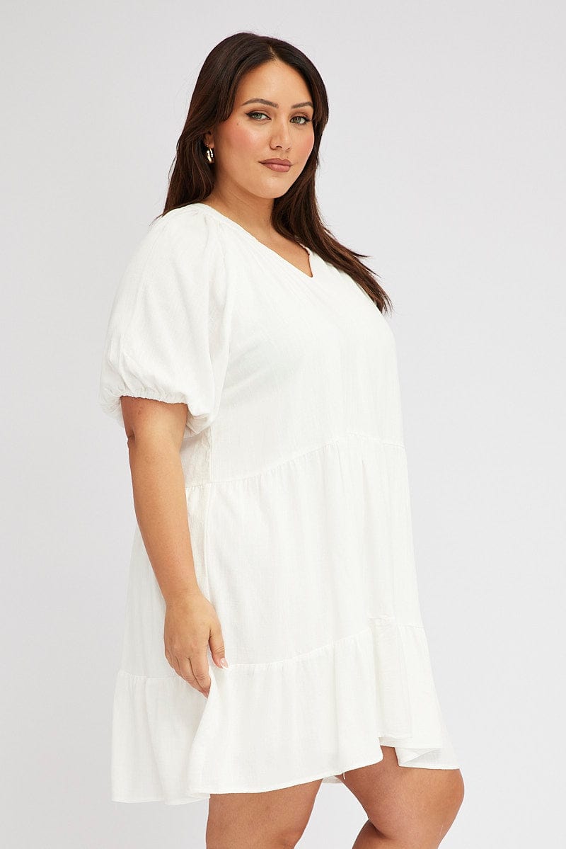 White Swing Dress Mini Half Sleeve V Neck Linen Blend for YouandAll Fashion