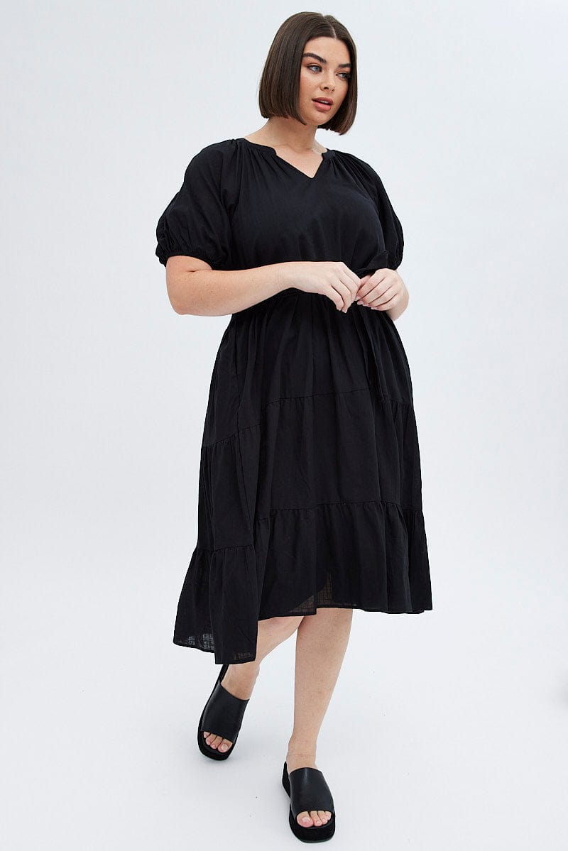 Black Midi Dress Tiered Notch Collar Belted | You + All