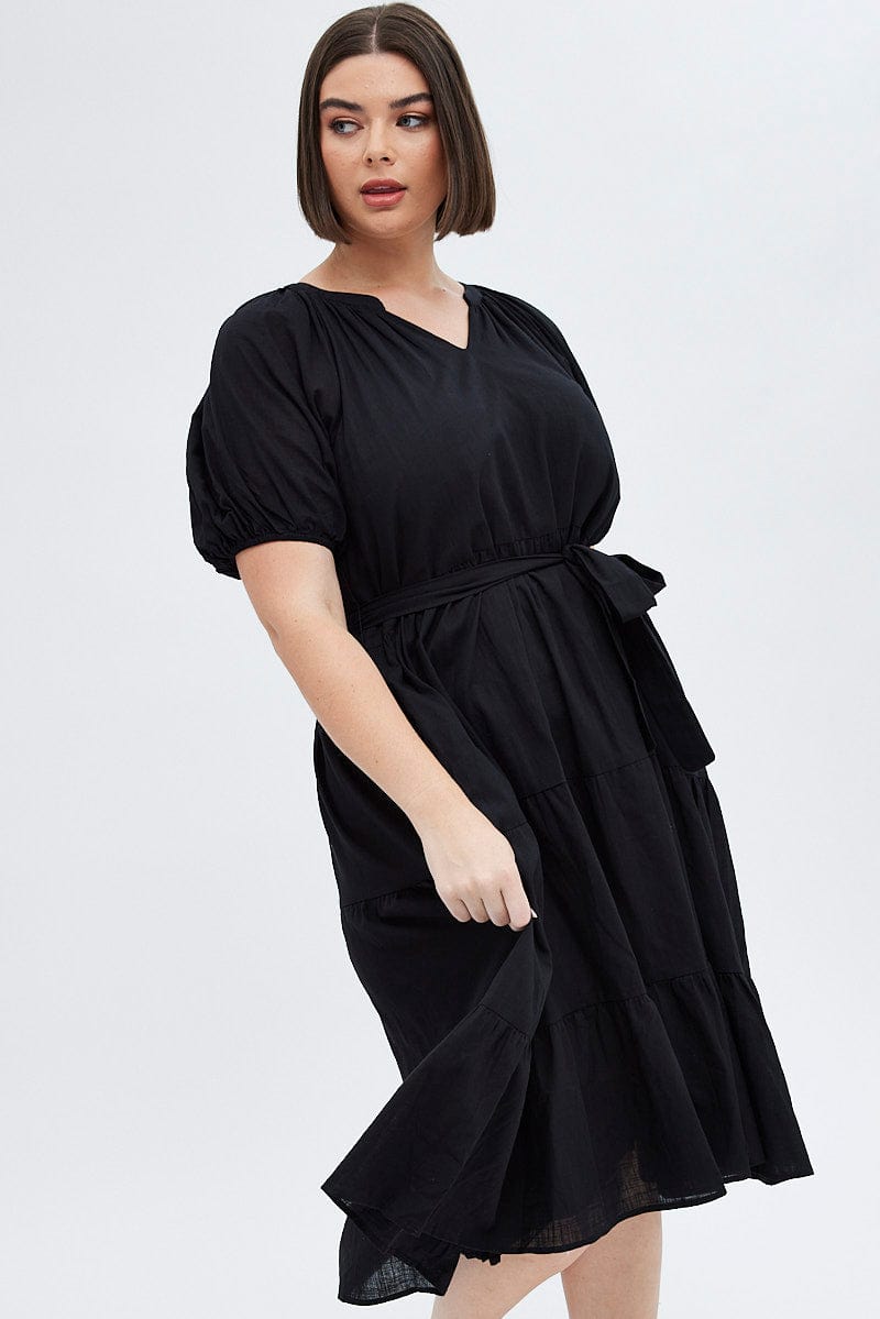 Black Midi Dress Tiered Notch Collar Belted for YouandAll Fashion