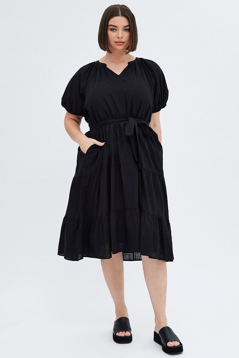 Black Midi Dress Tiered Notch Collar Belted for YouandAll Fashion